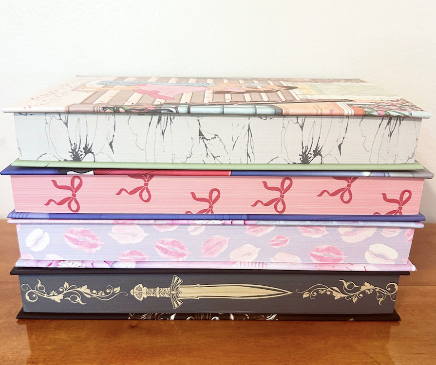 Stacked books with printed edges